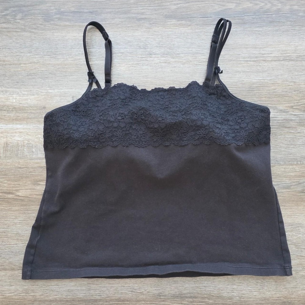 Vassarette Black Lace Trim Cami Tank Built in Bra XL 17-623 Vintage Camisole